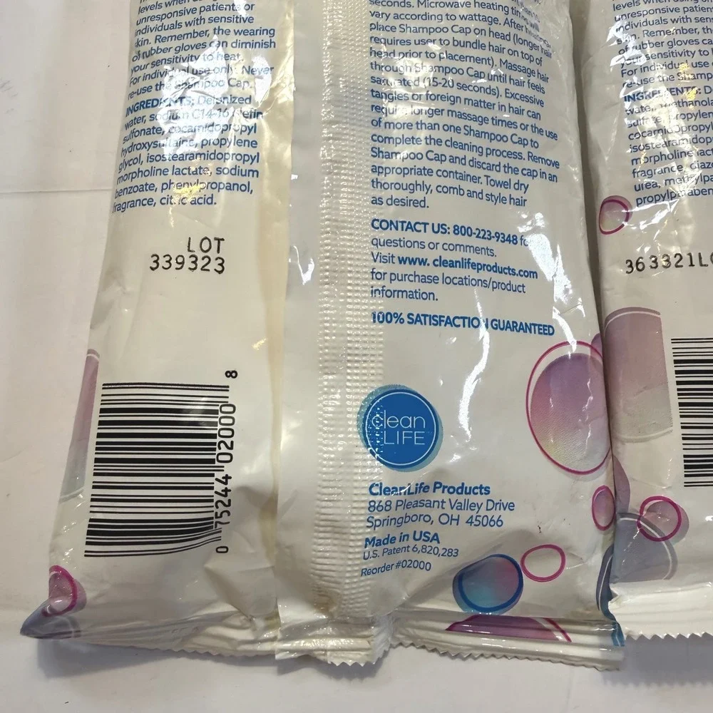 CleanLife No Rinse Shampoo Cap 2 Pack Microwaveable Waterless Hair Wash USA Made